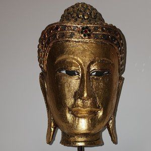 Handcrafted Wood Gold Foil Covering Buddha Head On Wooden Stand,  Appr 12 x 6